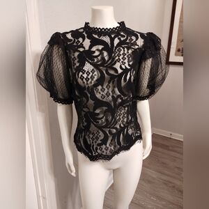 Black Lace Puff Sleeve Top
